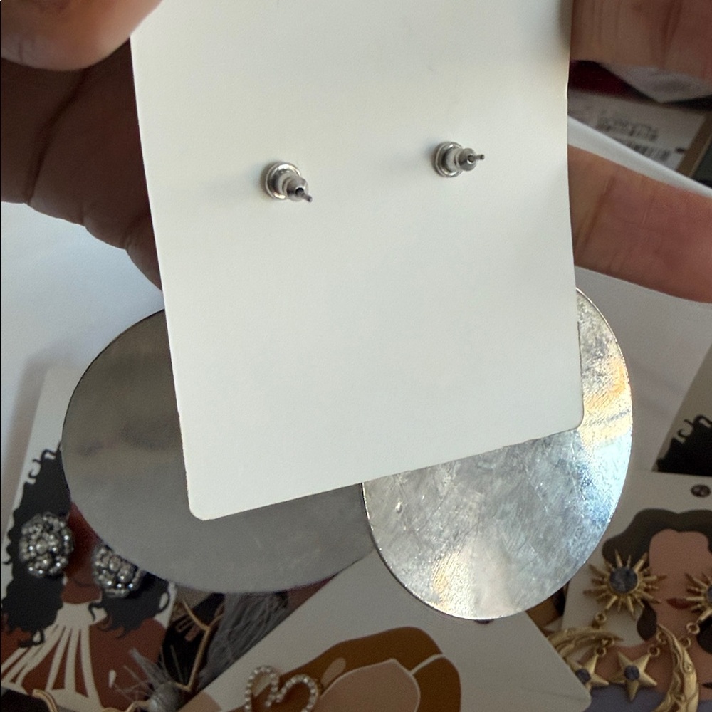Silver Textured Disc Earrings - Picture 3 of 3